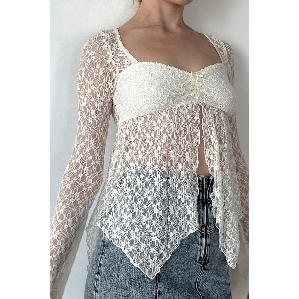 Kimchi Blue White Lace Sheer Long Sleeve Babydoll Top Y2K Romantic Boho Size S - Picture 2 of 11